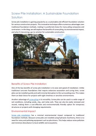 Screw Pile Installation:  A Sustainable Foundation Solution