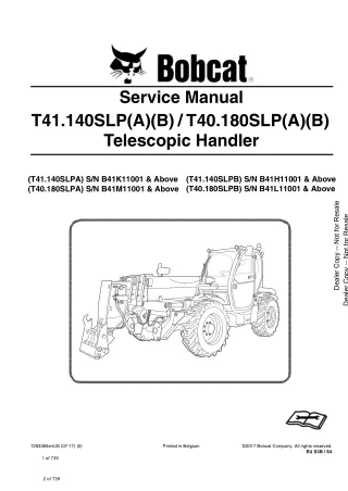 Bobcat T40.180SLPA Telescopic Handler Service Repair Manual Instant Download SN B41M11001 and Above