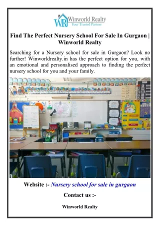 Find The Perfect Nursery School For Sale In Gurgaon  Winworld Realty