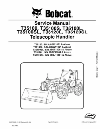 BOBCAT T35100L TELESCOPIC HANDLER Service Repair Manual Instant Download SN A8GW11001 and Above