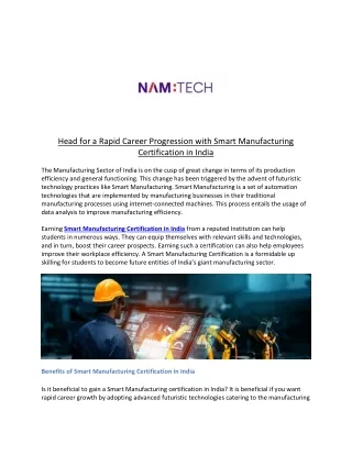 Head for a Rapid Career Progression with Smart Manufacturing Certification in In