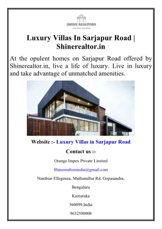 Luxury Villas In Sarjapur Road  Shinerealtor.in