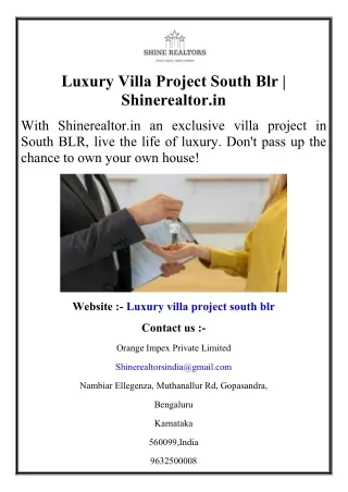 Luxury Villa Project South Blr  Shinerealtor.in