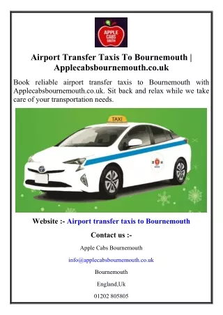 Airport Transfer Taxis To Bournemouth  Applecabsbournemouth.co.uk