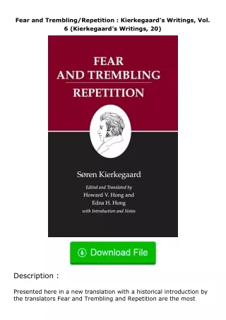 free read (✔️pdf❤️) Fear and Trembling/Repetition : Kierkegaard's Writings, Vo