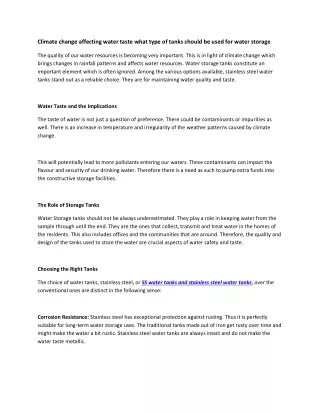 Climate change affecting water taste what type of tanks should be used for water storage