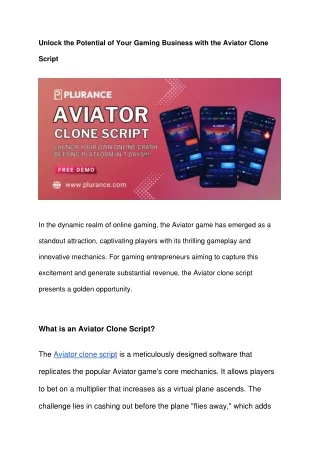 Unlock the Potential of Your Gaming Business with the Aviator Clone Script