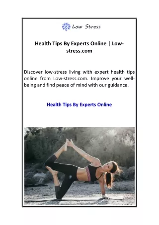 Health Tips By Experts Online  Low-stress.com