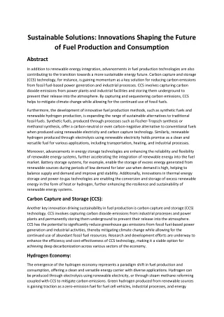 Sustainable Solutions: Innovations Shaping the Future of Fuel Production and Con