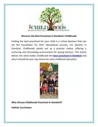 Discover the Best Preschool in Dombivli Childhoods