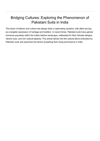 Bridging Cultures: Exploring the Phenomenon of Pakistani Suits in India