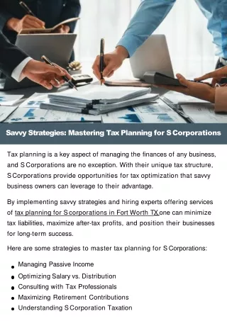 Savvy Strategies: Mastering Tax Planning For S Corporations