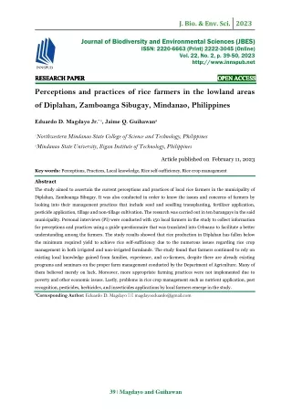 Perceptions and practices of rice farmers in the lowland areas of Diplahan, Zamboanga Sibugay, Mindanao, Philippines