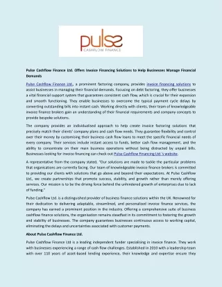 Pulse Cashflow Finance Ltd. Offers Invoice Financing Solutions to Help Businesses Manage Financial Demands