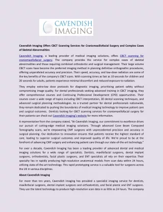 Cavendish Imaging Offers CBCT Scanning Services for Craniomaxillofacial Surgery and Complex Cases of Skeletal Abnormalit