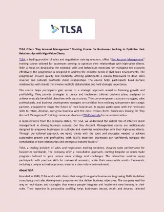 TLSA Offers “Key Account Management” Training Course for Businesses Looking to Optimise their Relationships with High-Va