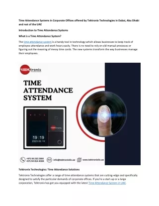 Time Attendance System in Corporate Offices from Tektronix Technologies in Dubai