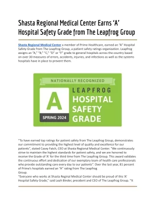 Shasta Regional Medical Center Earns ‘A’ Hospital Safety Grade from The Leapfrog Group