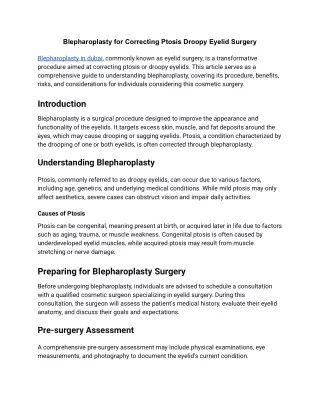 Blepharoplasty for Correcting Ptosis Droopy Eyelid Surgery