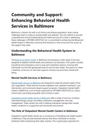 Enhancing Behavioral Health Services in Baltimore