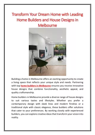 Transform Your Dream Home with Leading Home Builders and House Designs in Melbourne