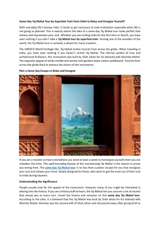 Same-Day Taj Mahal Tour by Superfast Train From Delhi to Relax and Energize Yourself