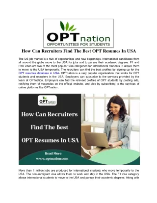 How can recruiters find the best OPT Resumes in USA