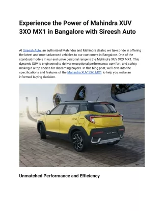 Experience the Power of Mahindra XUV 3XO MX1 in Bangalore with Sireesh Auto