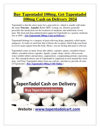 Buy Tapentadol 100mg and Get Tapentadol 100mg Cash on Delivery 2024