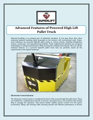 Advanced Features of Powered High Lift Pallet Truck