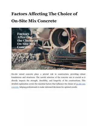 Factors Affecting The Choice of On Site Mix Concrete