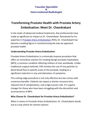 Prostate Artery Embolization - Dr Chandrakant