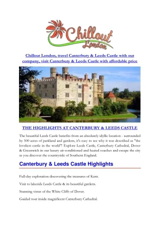 Chillout London, travel Canterbury & Leeds Castle with our company, visit Canterbury & Leeds Castle with affordable pric