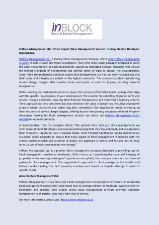 InBlock Management Ltd. Offers Expert Block Management Services in UK
