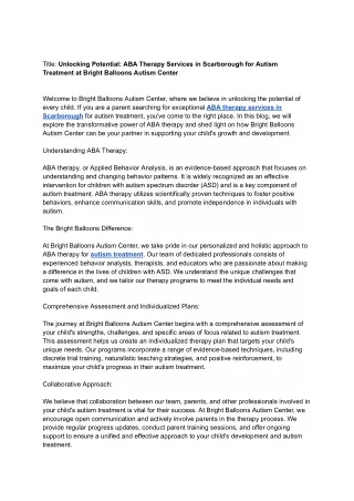 Unlocking Potential ABA Therapy Services in Scarborough for Autism Treatment at Bright Balloons Autism Center