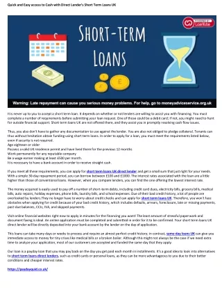 Quick and Easy access to Cash with Direct Lender's Short Term Loans UK