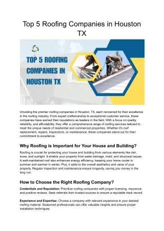 Top 5 Roofing Companies in Houston TX