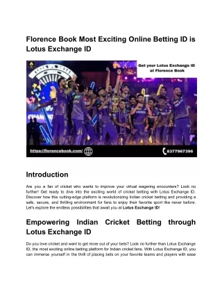 Florence Book Most Exciting Online Betting ID is Lotus Exchange ID