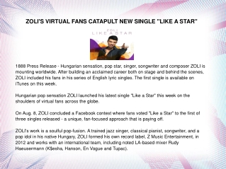 ZOLI'S VIRTUAL FANS CATAPULT NEW SINGLE "LIKE A STAR"