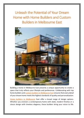 Unleash the Potential of Your Dream Home with Home Builders and Custom Builders in Melbourne East