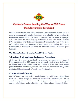 Centuary Cranes Leading the Way as EOT Crane Manufacturers in Faridabad