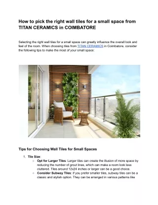 How to pick the right wall tiles for a small space from TITAN CERAMICS in COIMBATORE