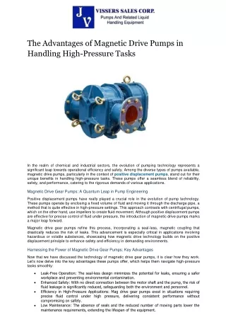 The Advantages of Magnetic Drive Pumps in Handling High Pressure Tasks