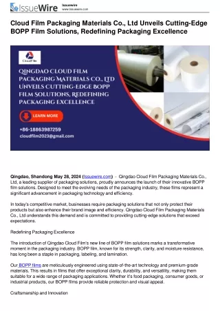 Cloud Film Packaging Materials Co., Ltd Unveils Cutting-Edge BOPP Film Solutions, Redefining Packaging Excellence