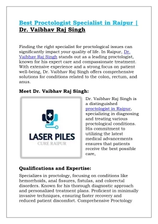 Best Proctologist Specialist in Raipur