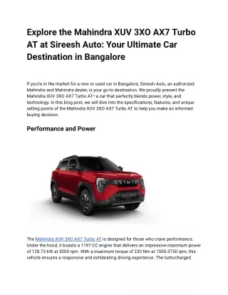 Explore the Mahindra XUV 3XO AX7 Turbo AT at Sireesh Auto_ Your Ultimate Car Destination in Bangalore