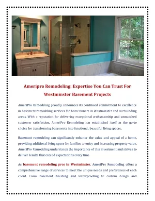 Ameripro Remodeling Expertise You Can Trust For Westminster Basement Projects