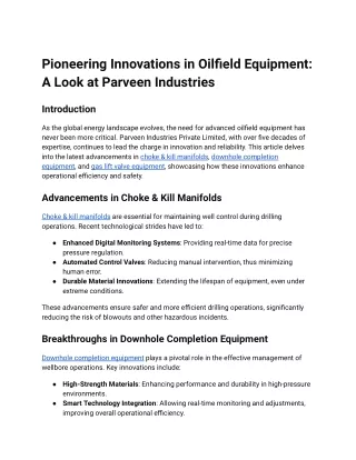 Pioneering Innovations in Oilfield Equipment - A Look at Parveen Industries