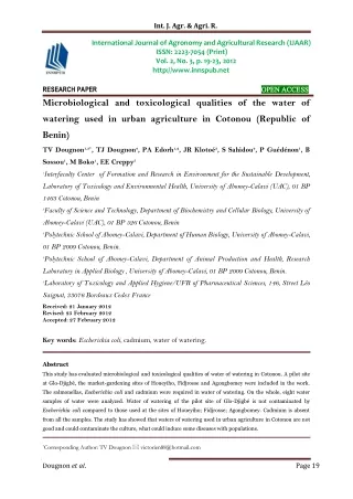 Microbiological and toxicological qualities of the water of watering used in urban agriculture at Cotonou (Republic of B