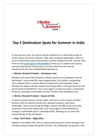 Top 5 Destination Spots for Summer in India